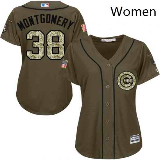 Womens Majestic Chicago Cubs 38 Mike Montgomery Replica Green Salute to Service MLB Jersey